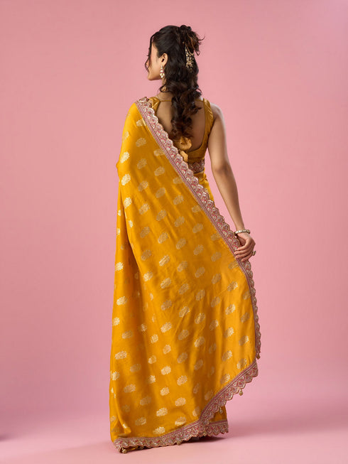 Mohey Mustard Yellow Silk Banarasi Saree with Hand Embroidery