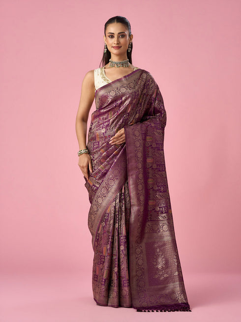 Mohey Wine Silk Banarasi Saree with Weave Design