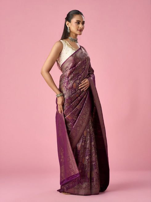 Mohey Wine Silk Banarasi Saree with Weave Design