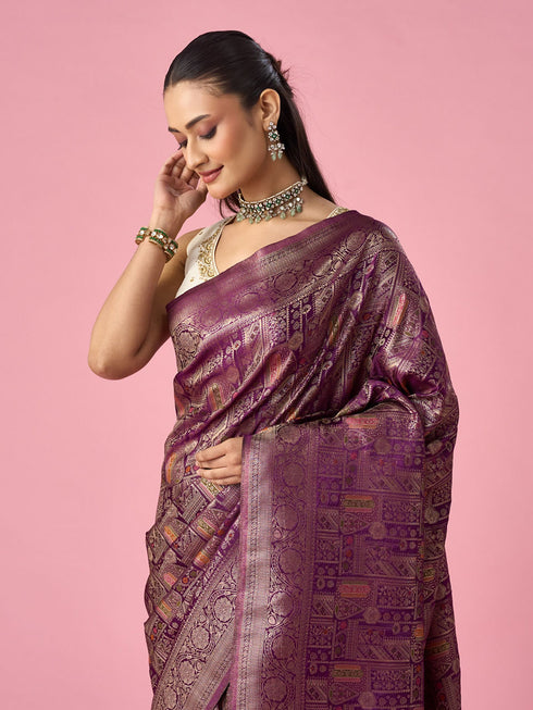 Mohey Wine Silk Banarasi Saree with Weave Design