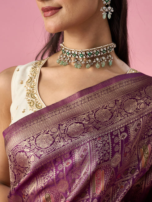 Mohey Wine Silk Banarasi Saree with Weave Design