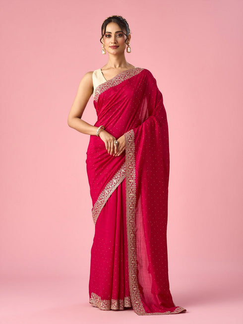 Mohey Pink Silk Saree with Stone Work