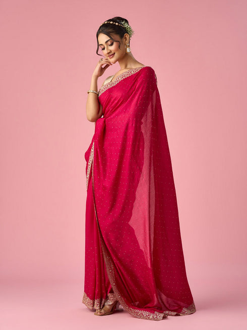 Mohey Pink Silk Saree with Stone Work