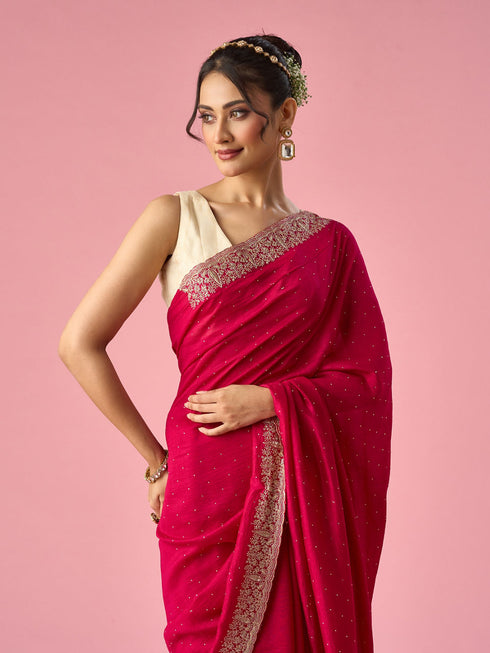 Mohey Pink Silk Saree with Stone Work