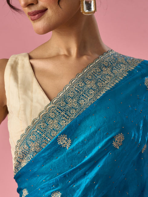 Mohey Blue Organza Saree with Stone Work