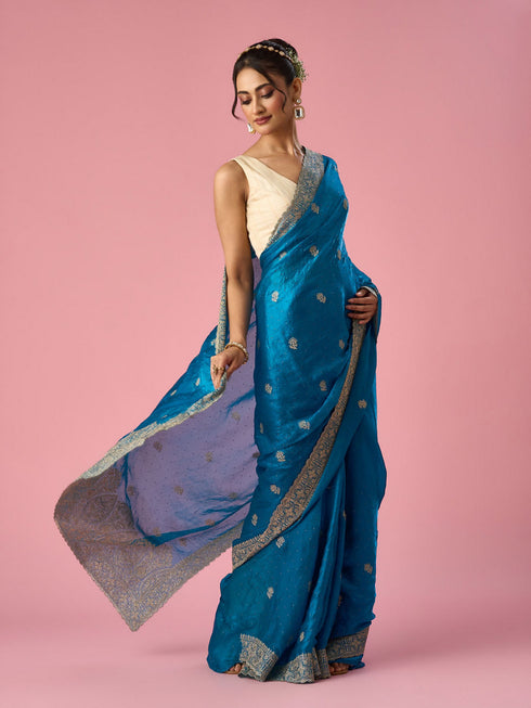 Mohey Blue Organza Saree with Stone Work