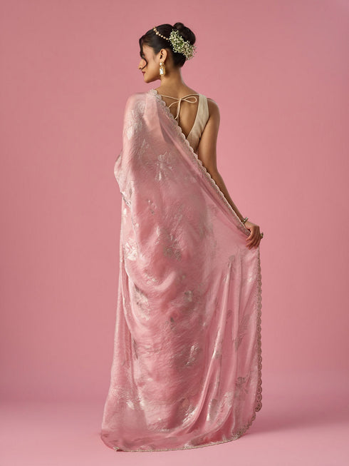 Mohey Pink Organza Saree with Stone Work