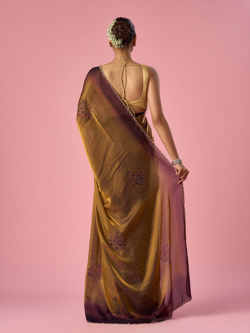 Mohey Gold Organza Saree with Print and Stone Work