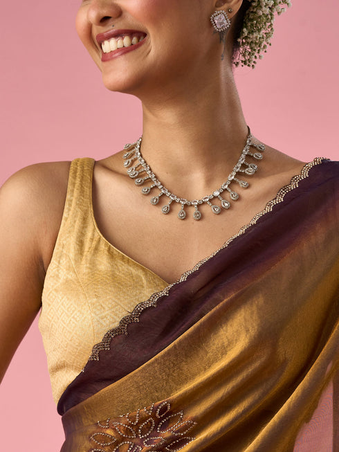 Mohey Gold Organza Saree with Print and Stone Work