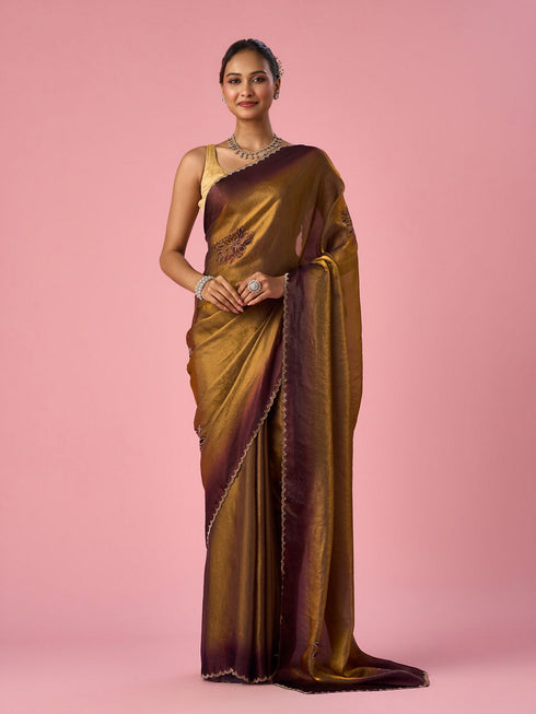Mohey Gold Organza Saree with Print and Stone Work