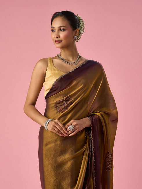 Mohey Gold Organza Saree with Print and Stone Work