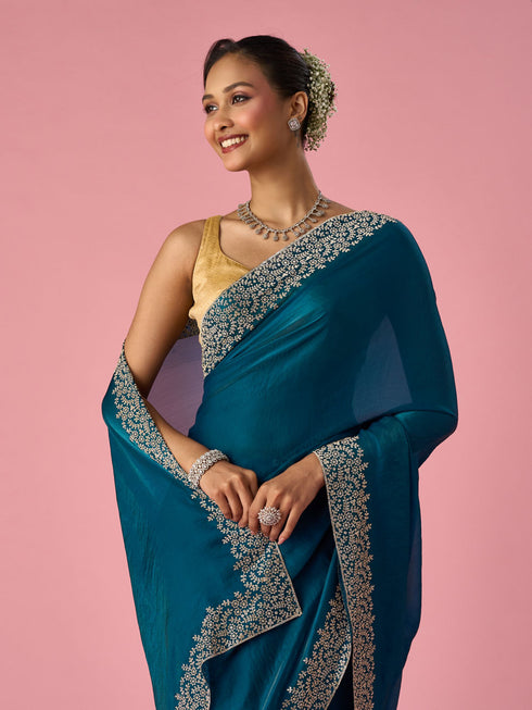 Mohey Rama Green Organza Saree with Stone Work