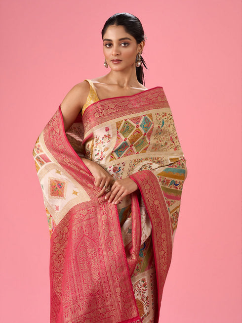 Mohey Cream Elegance Banarasi Saree