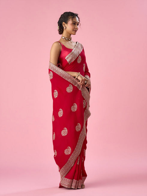Mohey Red Silk Saree with Zari Work