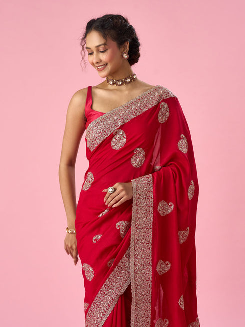 Mohey Red Silk Saree with Zari Work