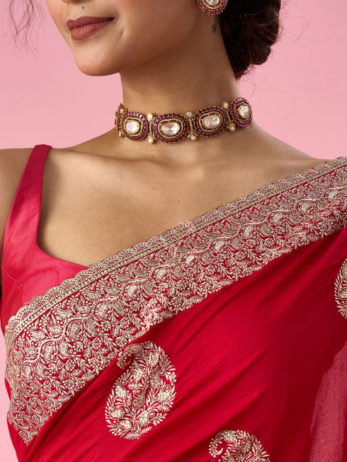 Mohey Red Silk Saree with Zari Work
