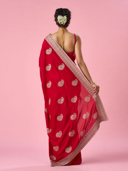 Mohey Red Silk Saree with Zari Work