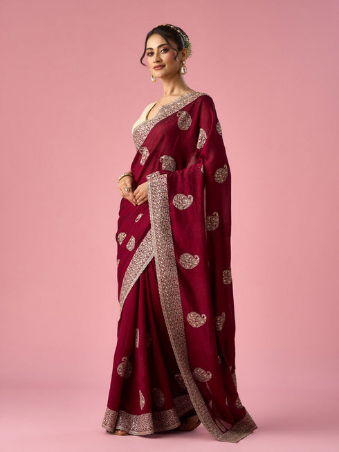 Mohey Wine Silk Saree with Stone Work