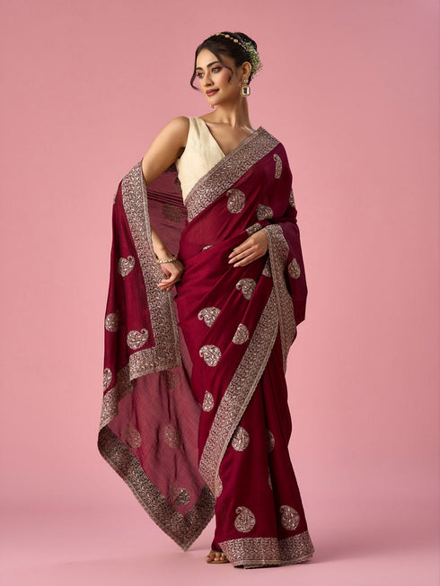 Mohey Wine Silk Saree with Stone Work