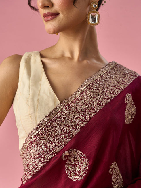 Mohey Wine Silk Saree with Stone Work