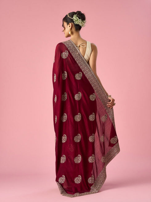 Mohey Wine Silk Saree with Stone Work