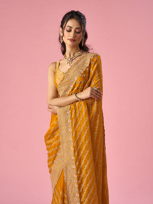 Mohey Mustard Yellow Organza Saree with Stone Work