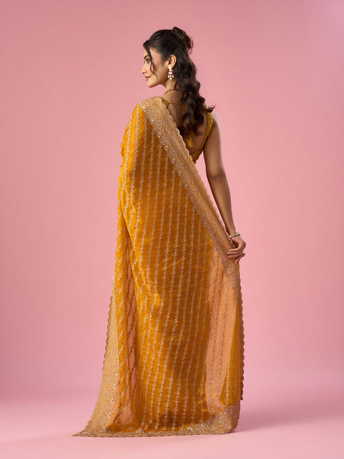 Mohey Mustard Yellow Organza Saree with Stone Work