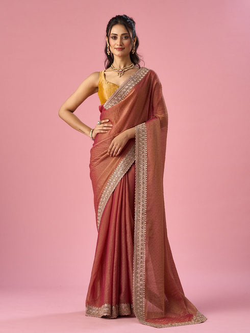 Mohey Pink Organza Saree with Stone Work