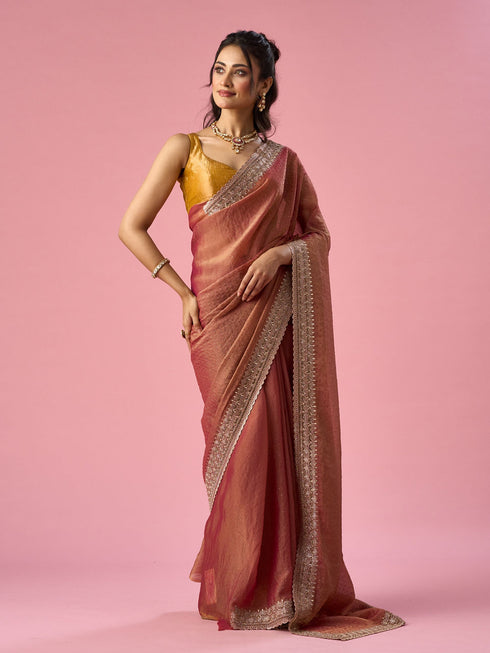 Mohey Pink Organza Saree with Stone Work