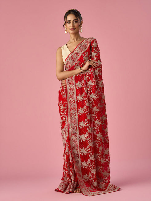 Mohey Red Organza Saree with Stone Work