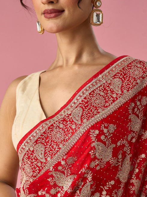 Mohey Red Organza Saree with Stone Work