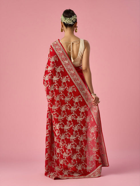 Mohey Red Organza Saree with Stone Work