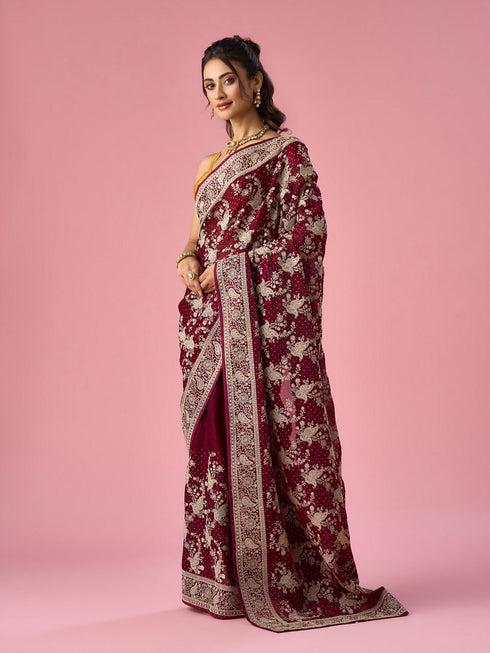 Mohey Wine Organza Saree with Stone Work