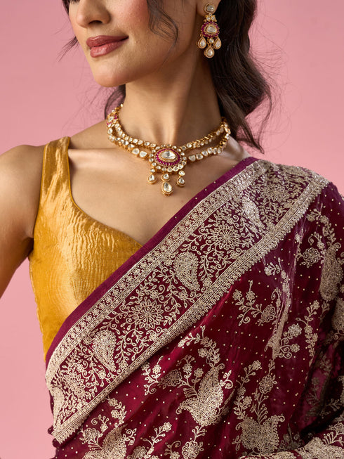 Mohey Wine Organza Saree with Stone Work