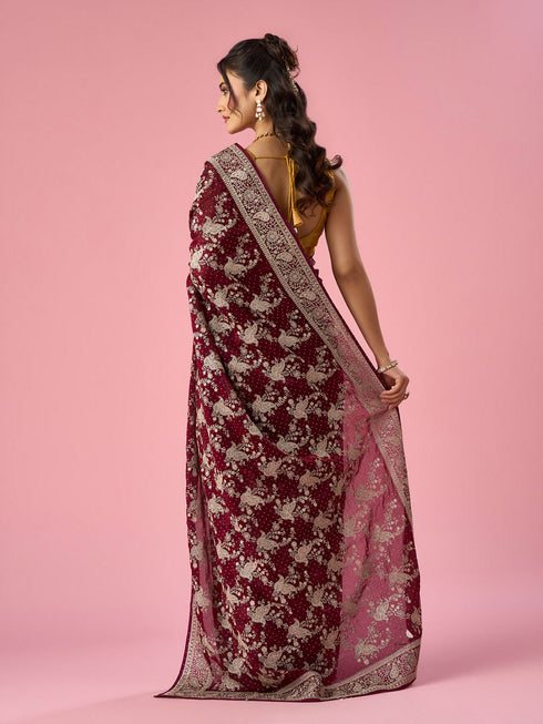 Mohey Wine Organza Saree with Stone Work