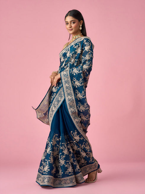 Mohey Blue Organza Saree with Stone Work