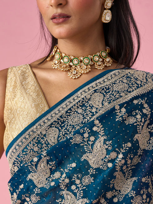 Mohey Blue Organza Saree with Stone Work