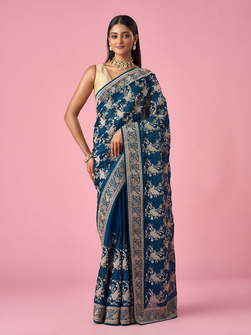 Mohey Blue Organza Saree with Stone Work
