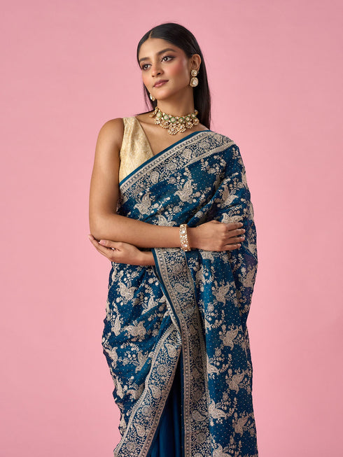 Mohey Blue Organza Saree with Stone Work