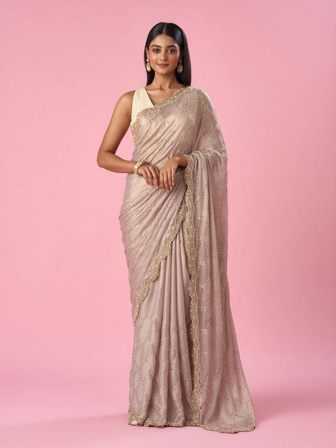 Mohey Fawn Chiffon Saree with Hand Embroidery