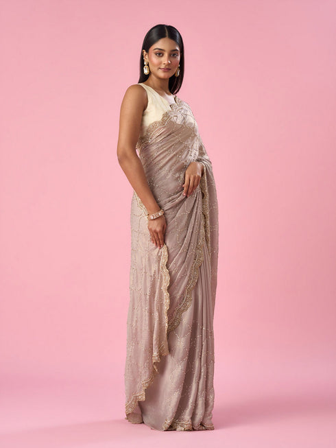 Mohey Fawn Chiffon Saree with Hand Embroidery