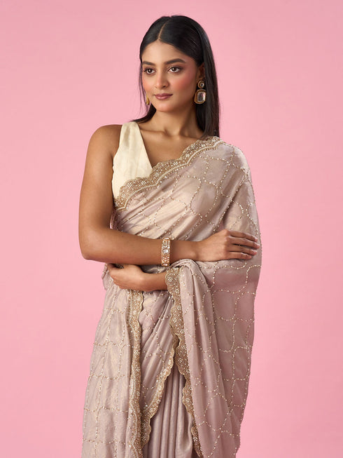 Mohey Fawn Chiffon Saree with Hand Embroidery