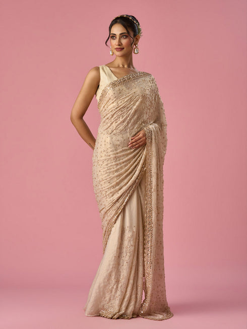 Mohey Cream Chiffon Saree with Hand Embroidery
