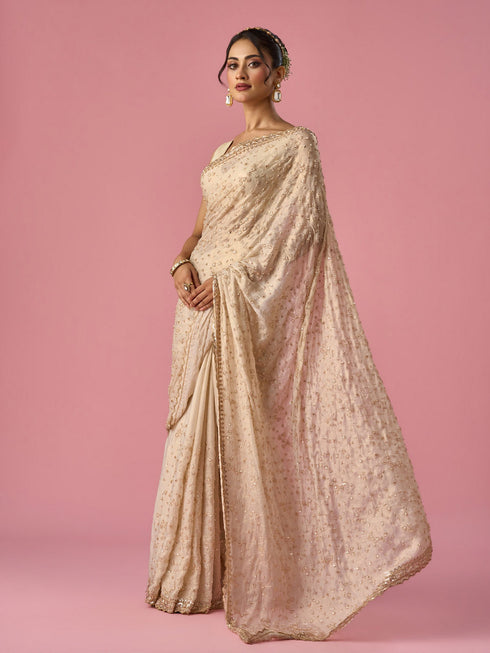 Mohey Cream Chiffon Saree with Hand Embroidery