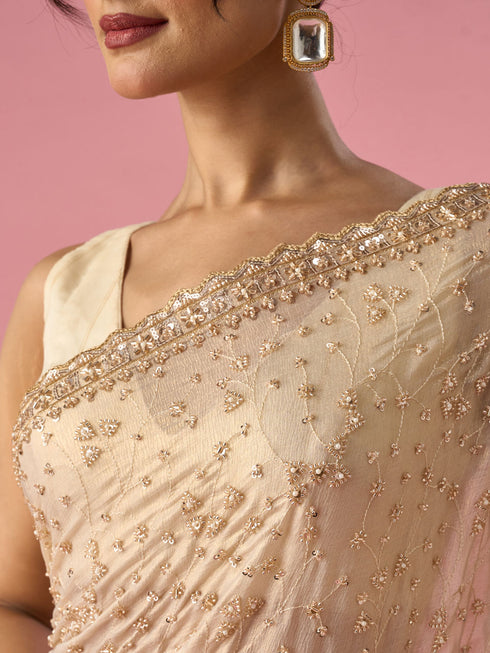Mohey Cream Chiffon Saree with Hand Embroidery