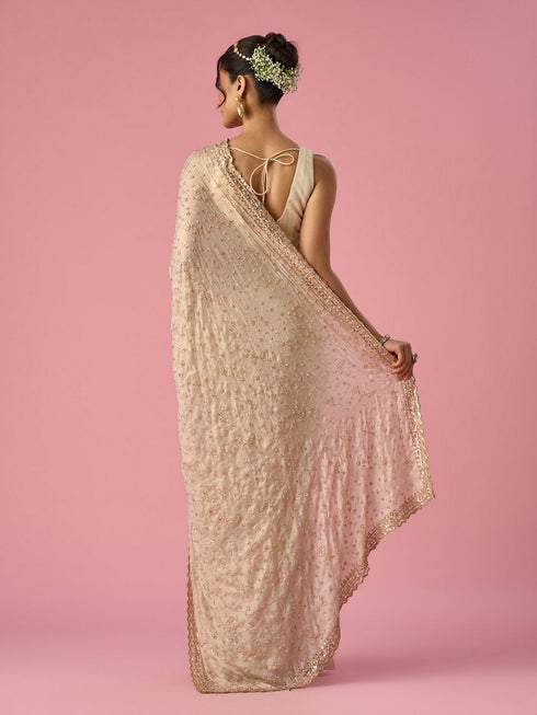 Mohey Cream Chiffon Saree with Hand Embroidery