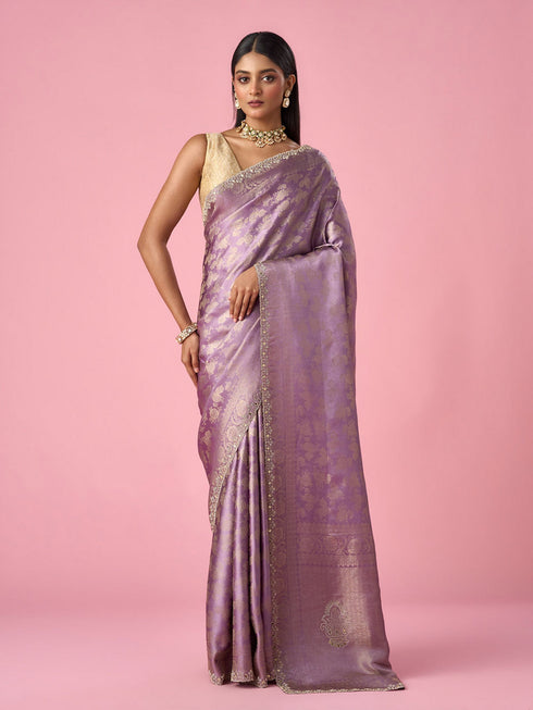Mohey Purple Silk Saree with Mirror and Stone Work
