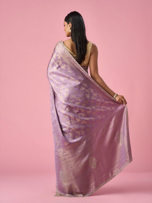 Mohey Purple Silk Saree with Mirror and Stone Work