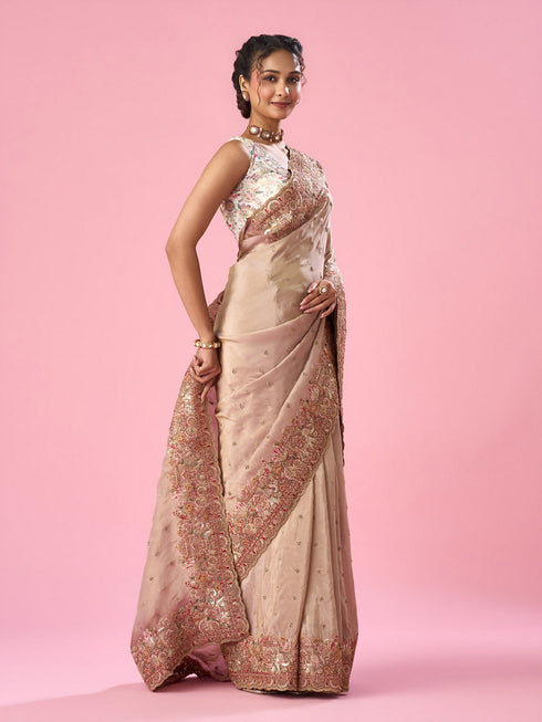 Mohey Light Pink Organza Saree with Hand Embroidery