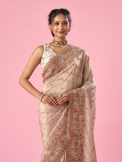 Mohey Light Pink Organza Saree with Hand Embroidery